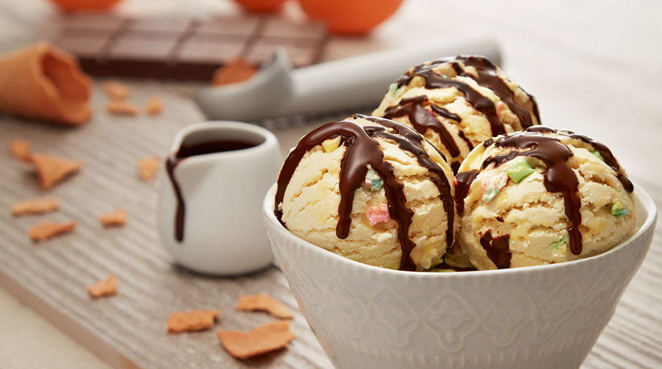 Rainbow Marshmallow Ice Cream with Chocolate Orange Fudge Sauce